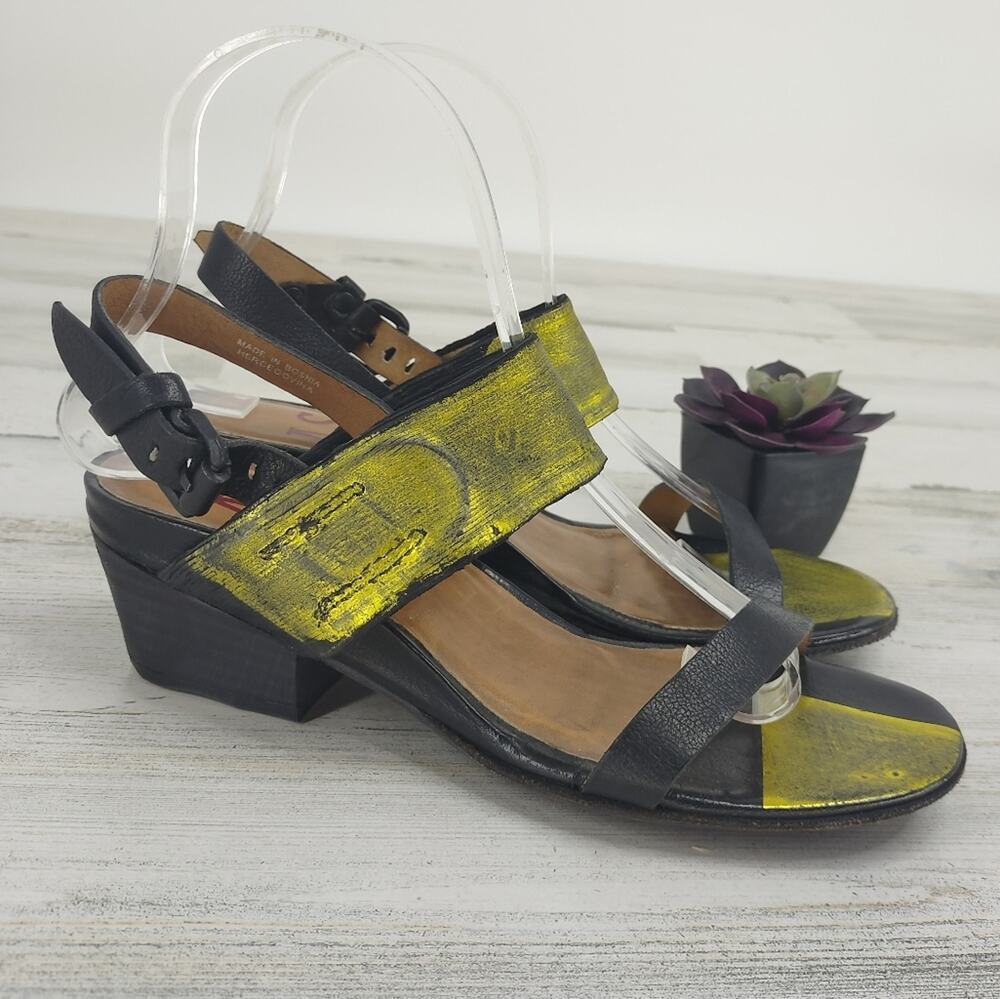 A.S.98 Black Leather Gold Heeled Sandals Sling Back Size 6